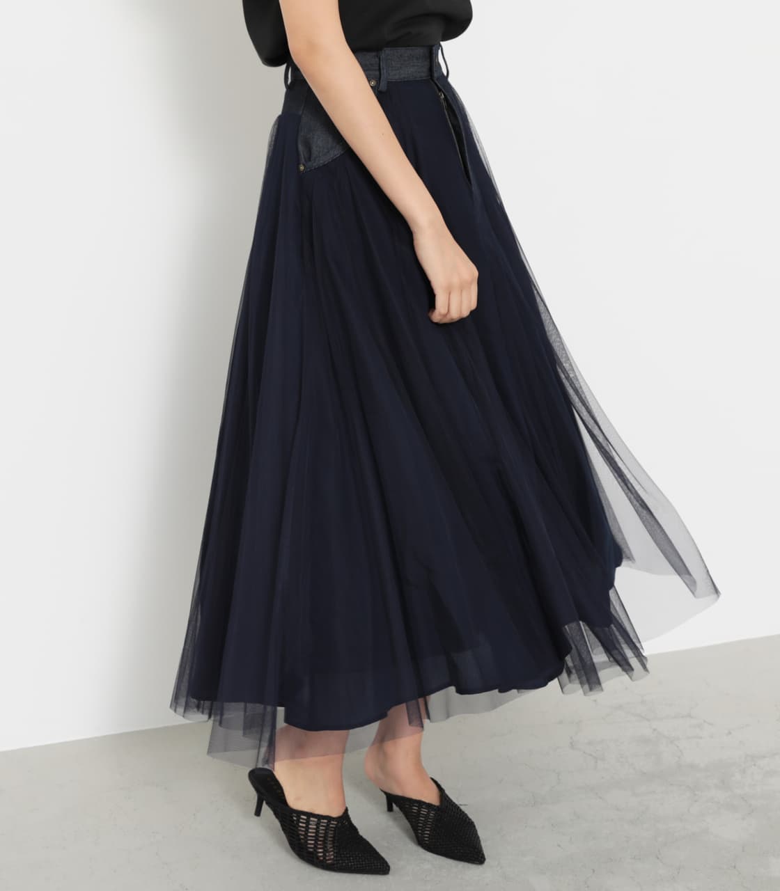rienda | Denim Mix Tulle J／W SK (スカート(ミディアム) ) |SHEL  