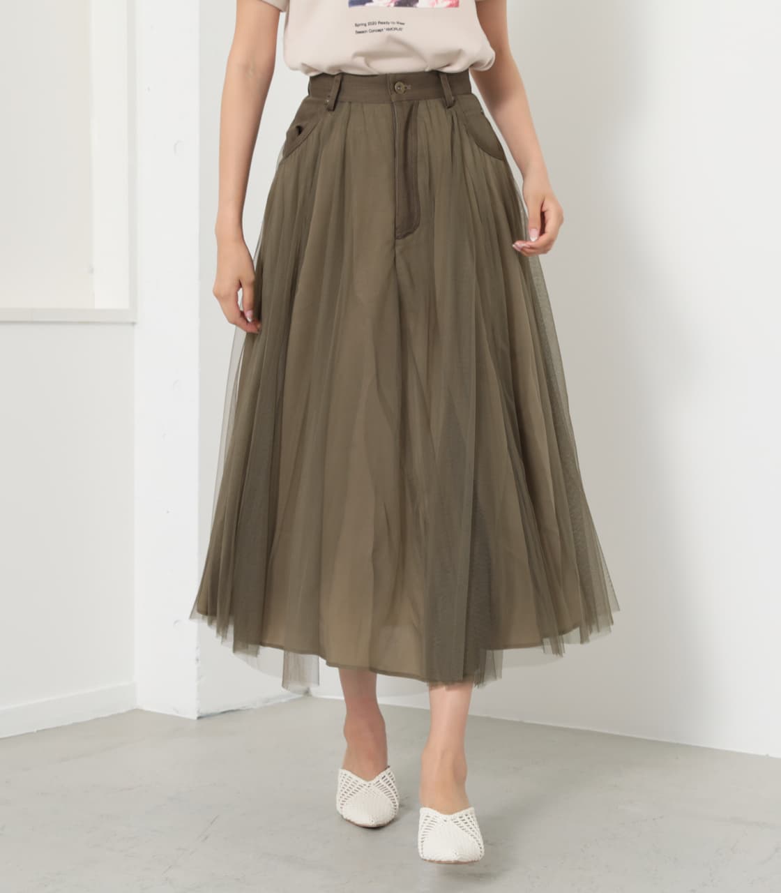 rienda | Denim Mix Tulle J／W SK (スカート(ミディアム) ) |SHEL  