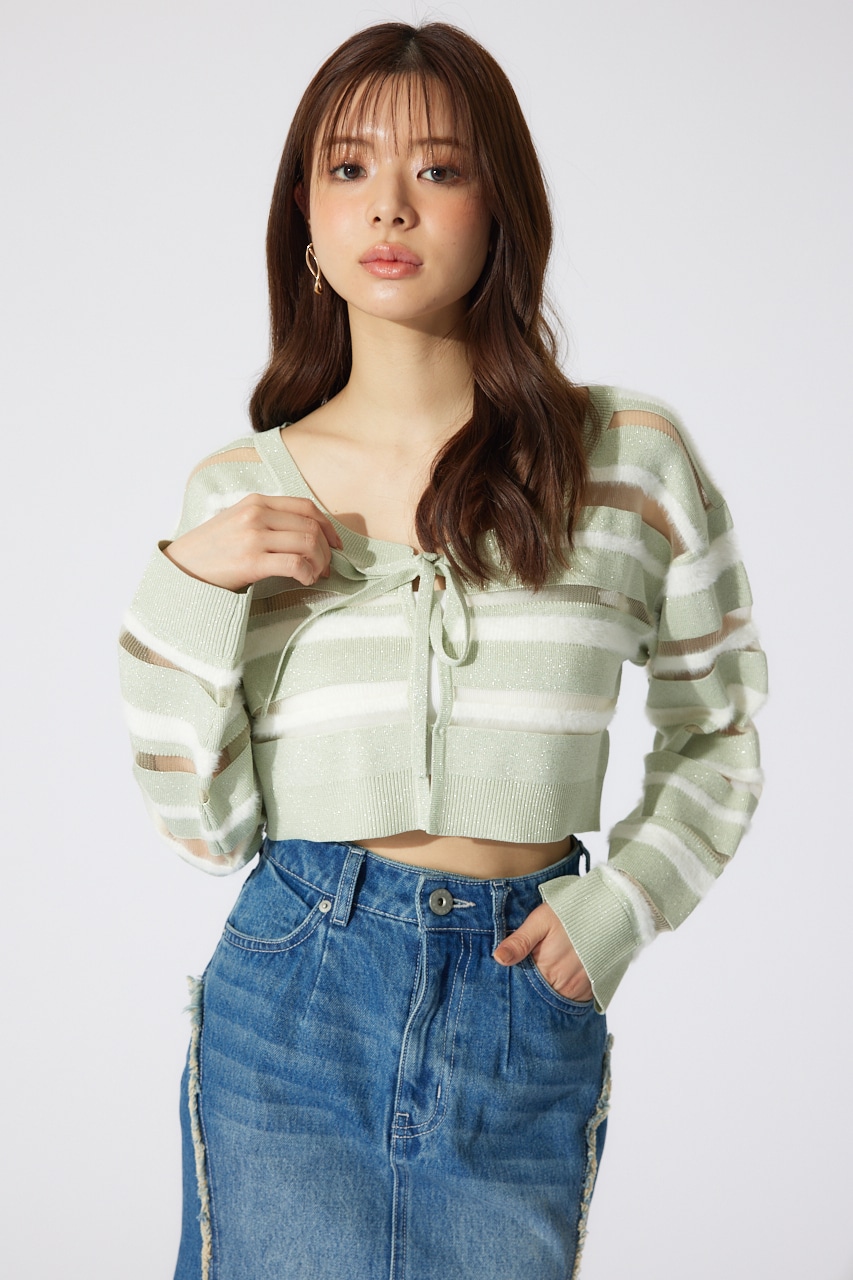 シアーボーダーニットカーディガン GRN FREE