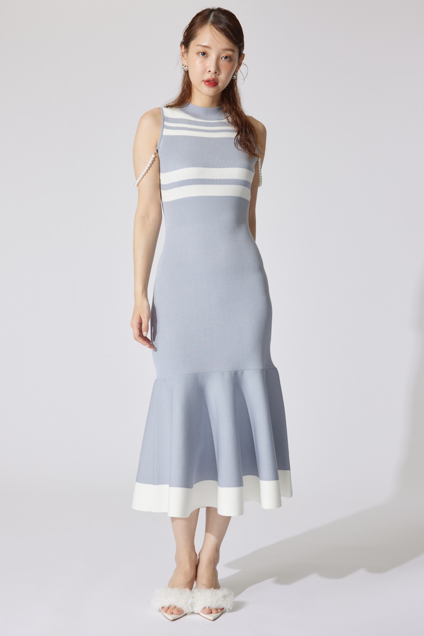 【一部店舗・WEB限定】フェイクパールショルダージャガードニットワンピース BLU FREE