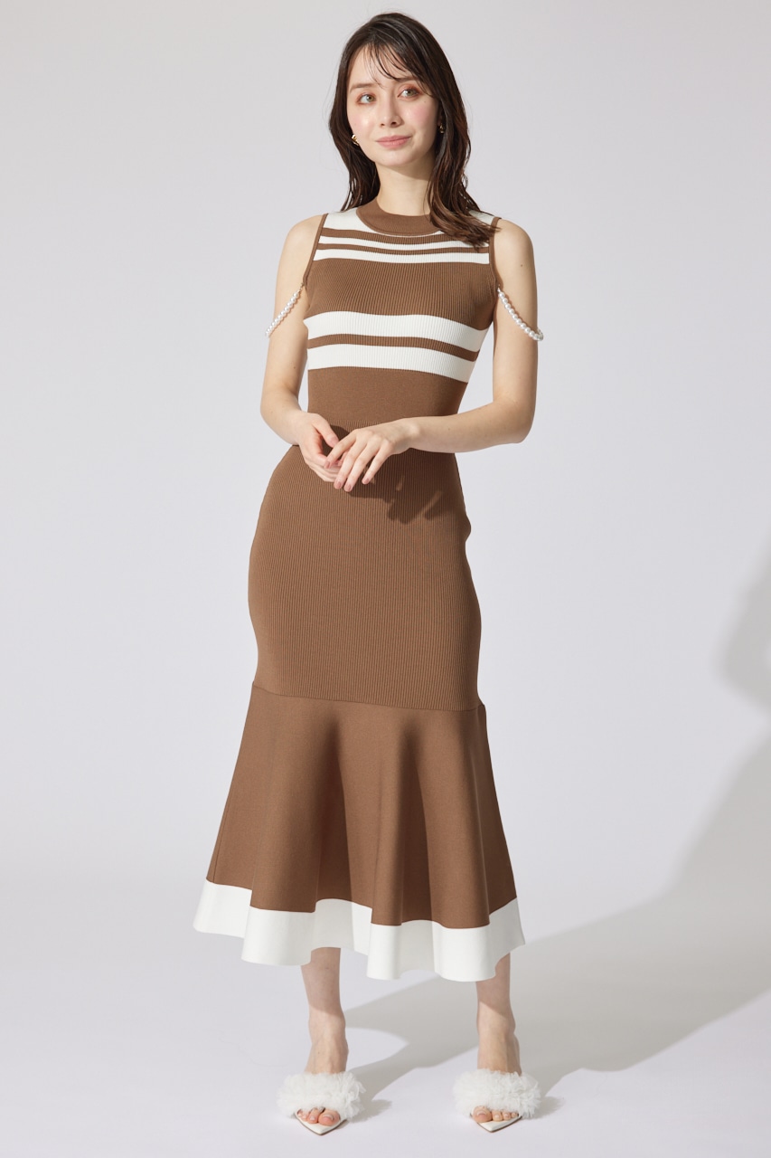 【一部店舗・WEB限定】フェイクパールショルダージャガードニットワンピース BRN FREE