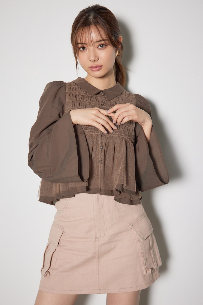 シャーリングフリルチュールブラウス BRN FREE