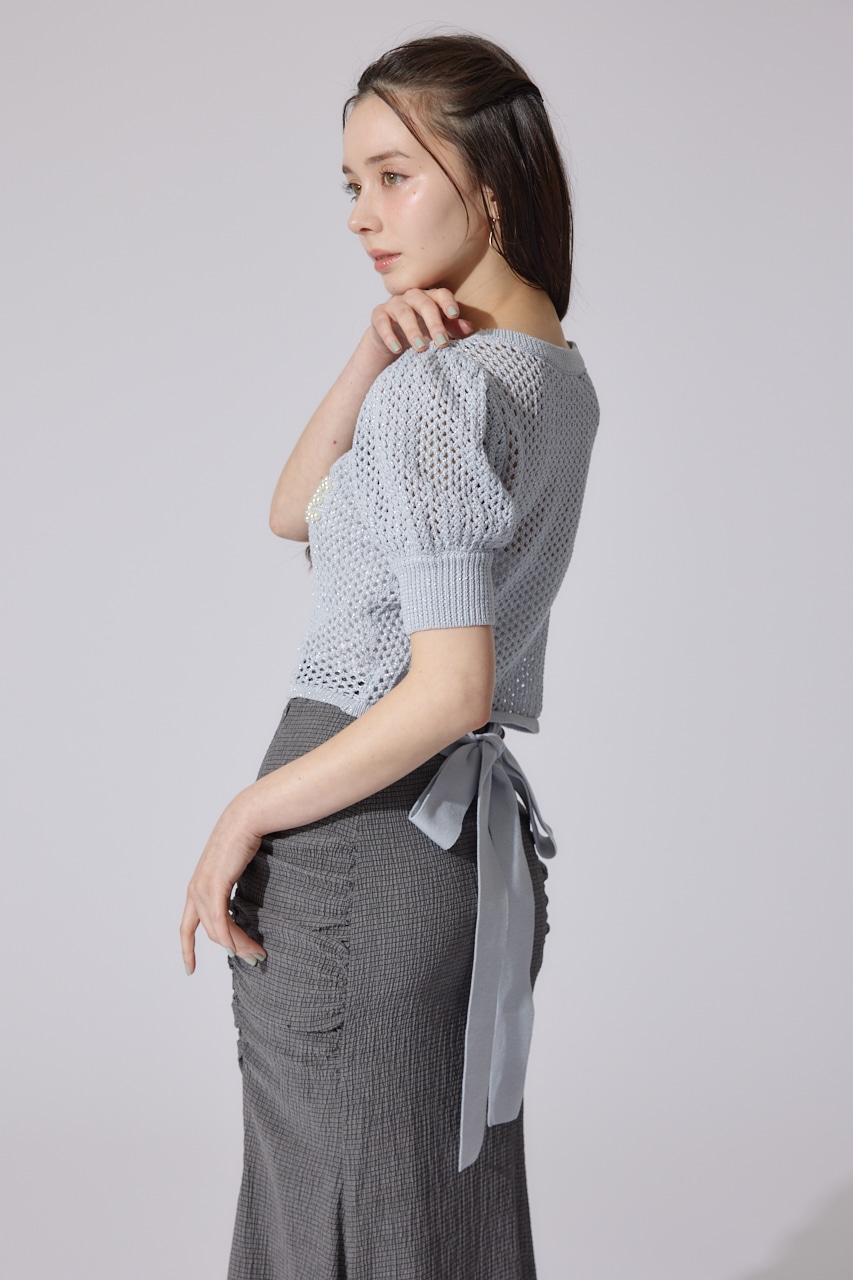 メッシュロゴショートニットトップス L/BLU FREE