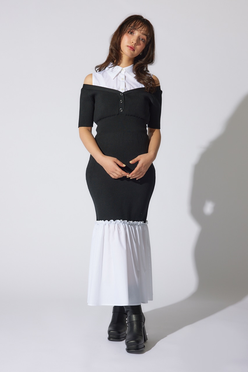 シャツレイヤードコンビマーメイドニットワンピース BLK FREE