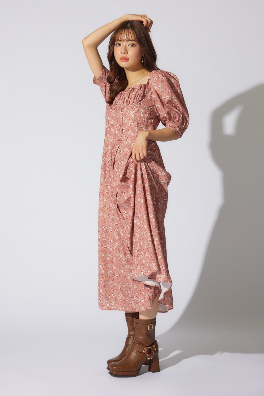 バストギャザーデザインフレアワンピース 柄RED S