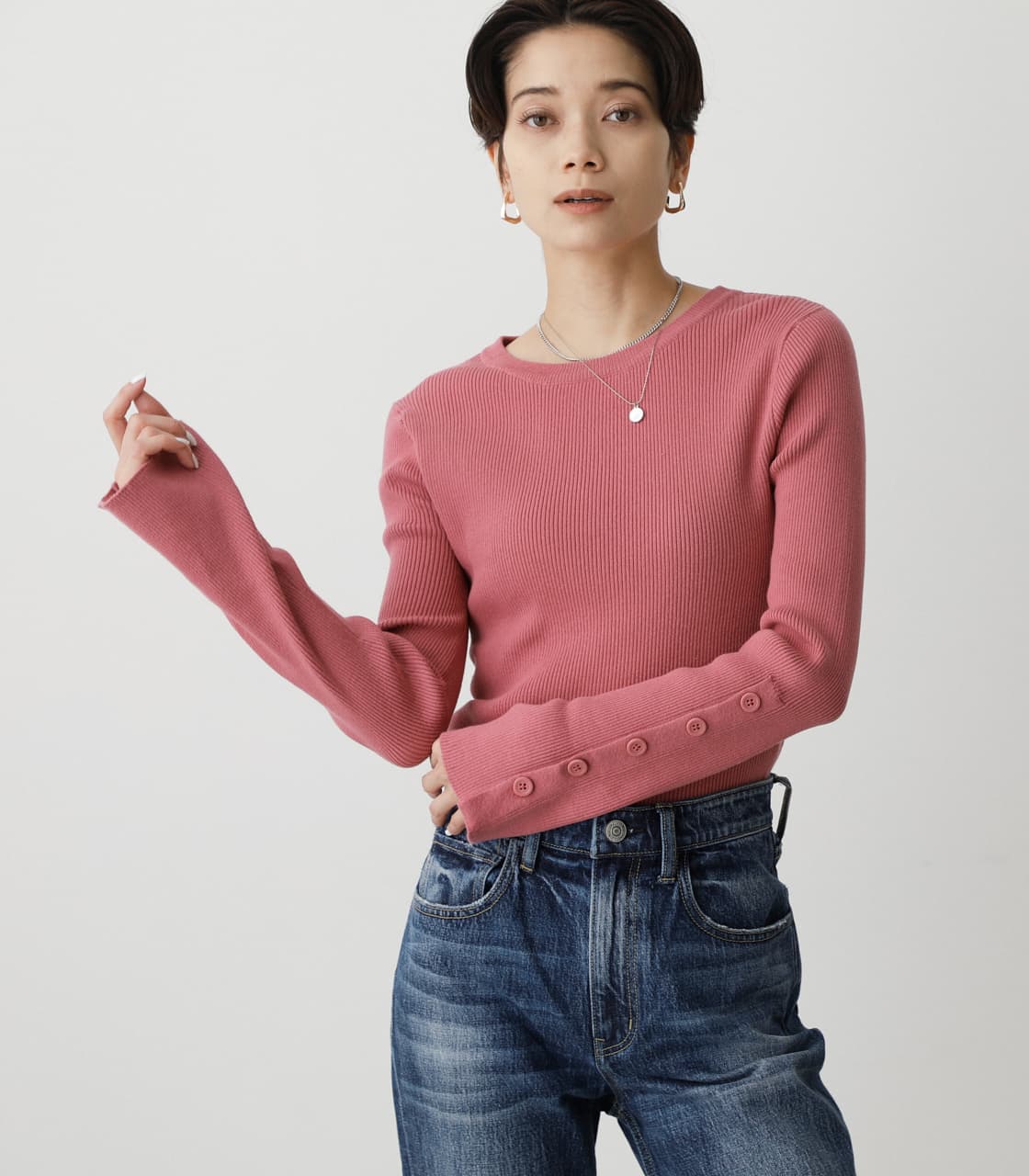 AZUL BY MOUSSY | SLEEVE BUTTON RIB KNIT TOPS (ニット ) |SHEL