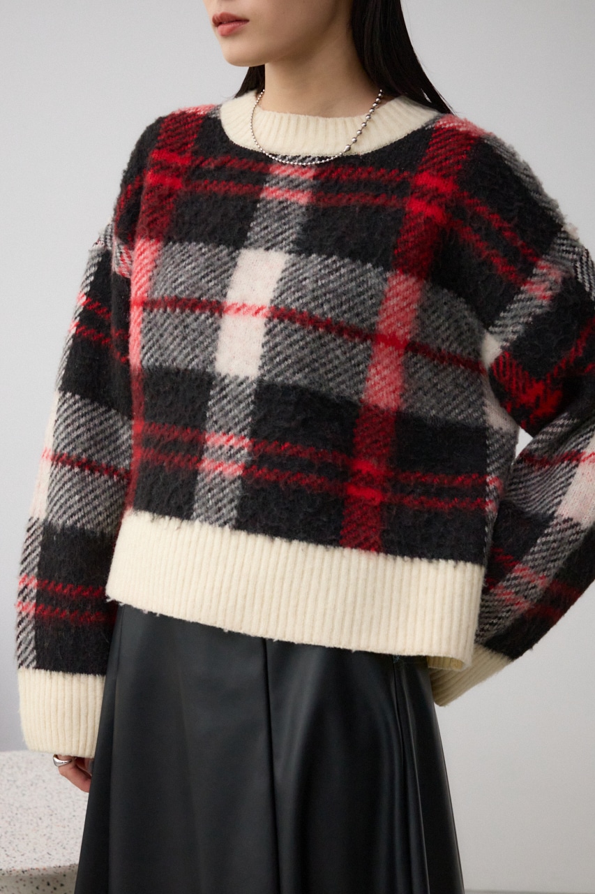 ビッグチェックニット 柄RED FREE