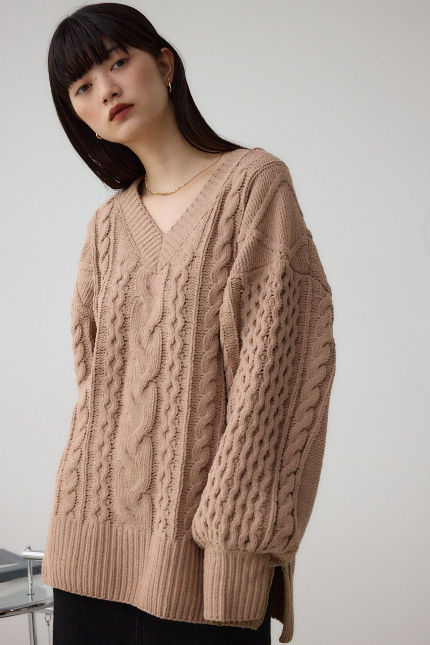 シェニールケーブルVネックロングニットトップス BEG M