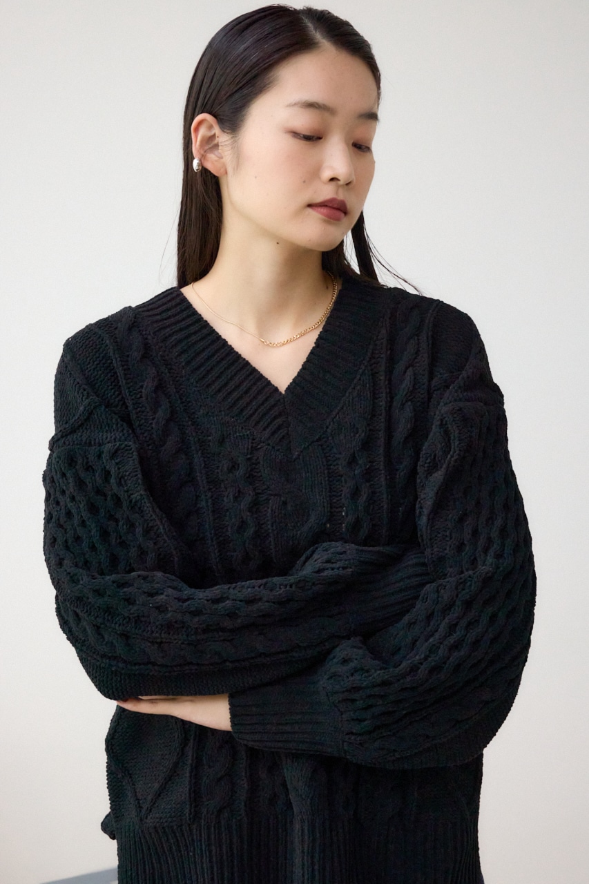 シェニールケーブルVネックロングニットトップス BLK S