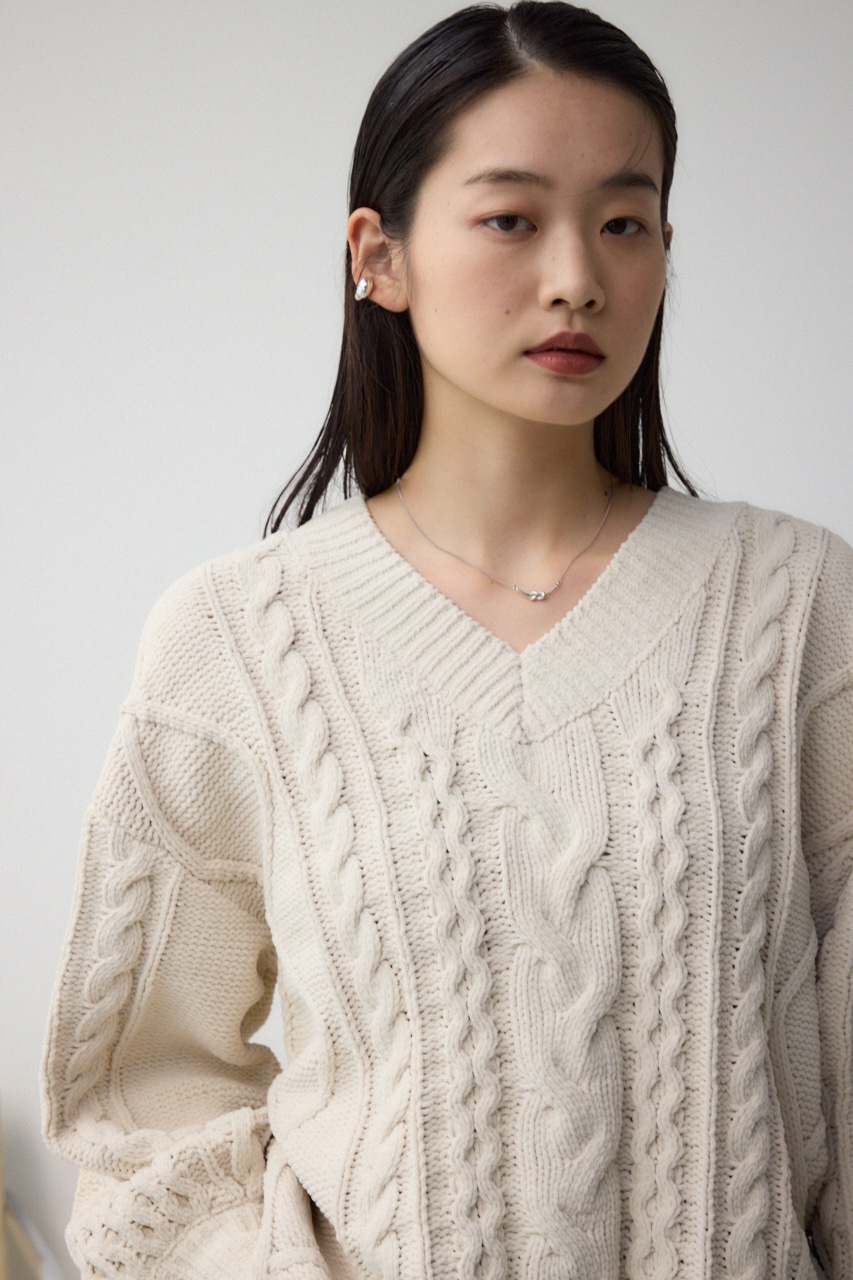 シェニールケーブルVネックロングニットトップス IVOY S