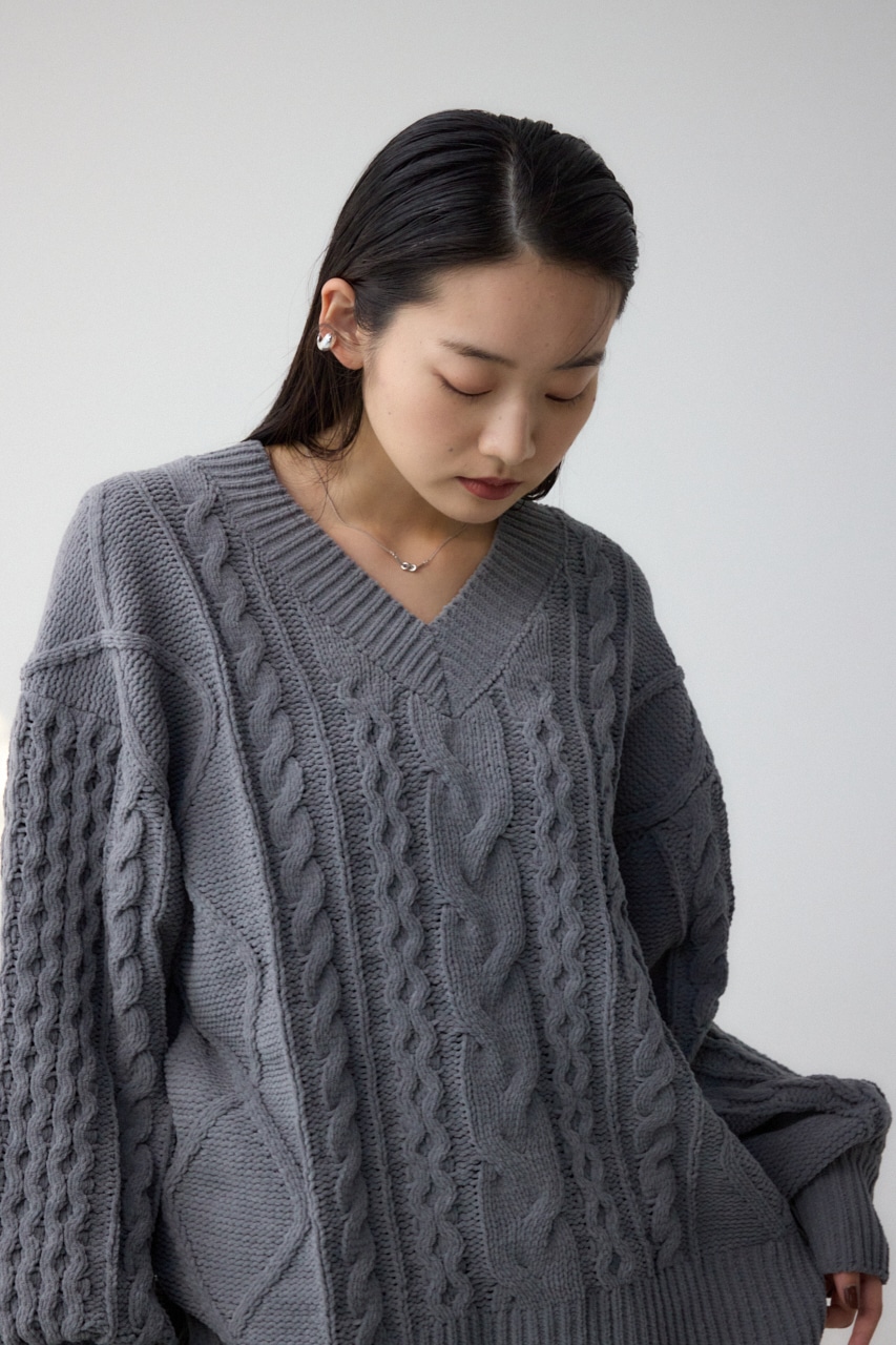 シェニールケーブルVネックロングニットトップス L/GRY M