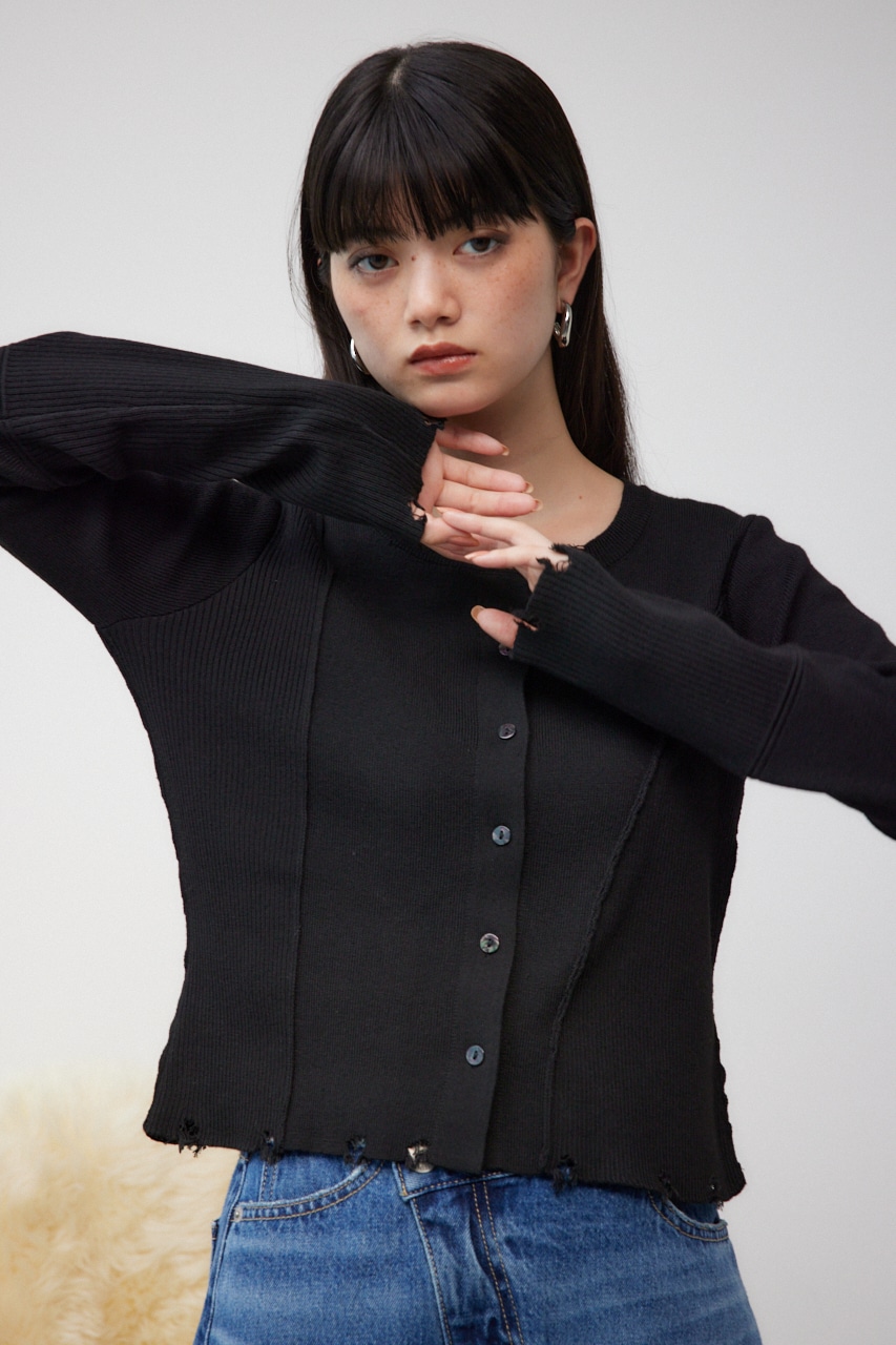 ダメージスイッチングカーディガン BLK FREE
