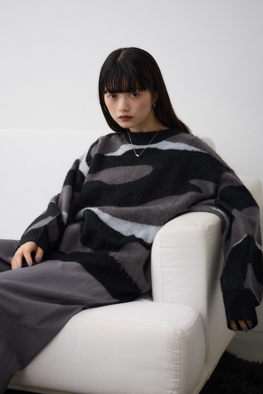 マーブルジャガードニットトップス 柄BLK FREE