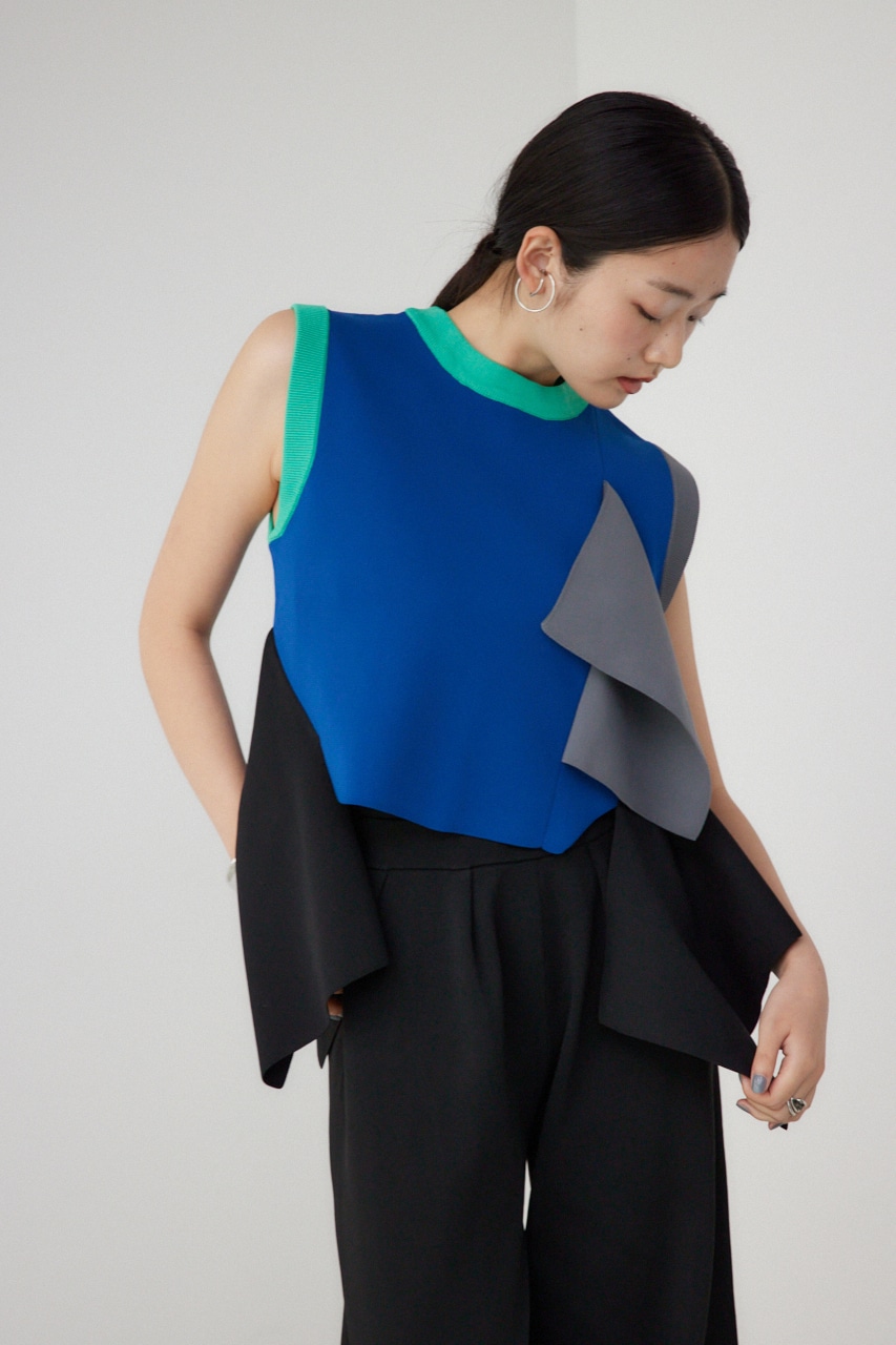 【PLUS】アシンメトリーヘムニットベスト 柄BLU FREE