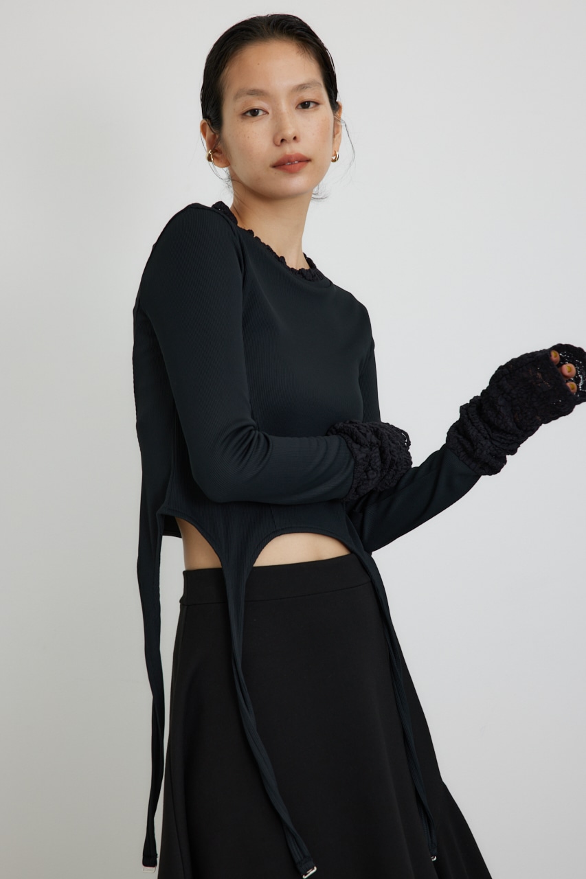 【PLUS】レースドッキングストラップトップス BLK FREE