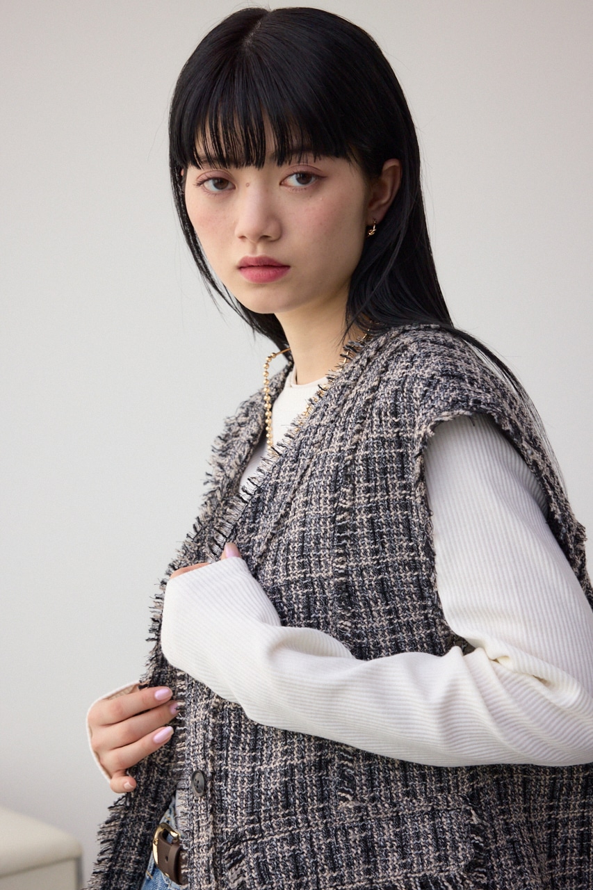 ツイードフリンジベスト 柄BLK FREE