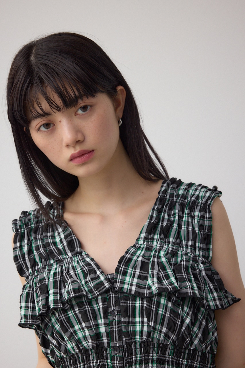 チェックシャーリングペプラムブラウス 柄BLK FREE