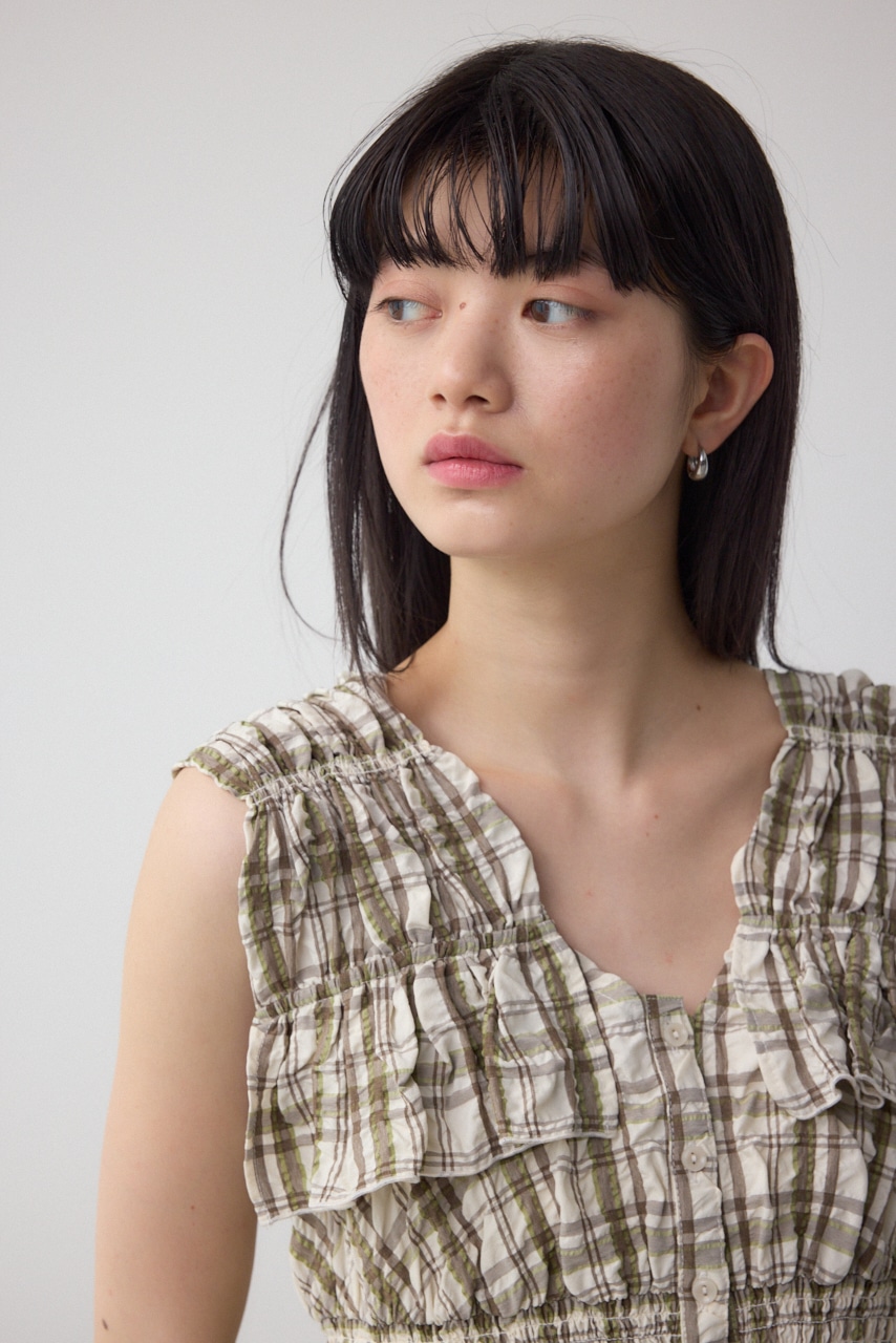 チェックシャーリングペプラムブラウス 柄WHT FREE
