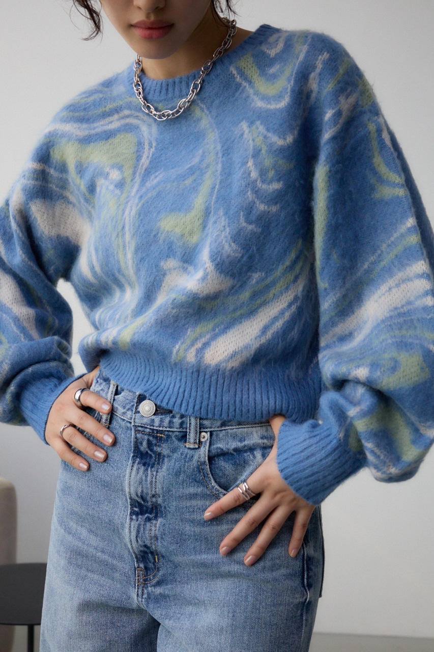 マーブルクロップドジャガードニット 柄BLU FREE