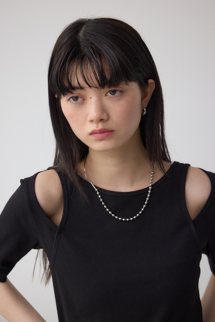 デザインネックショートTシャツ BLK FREE