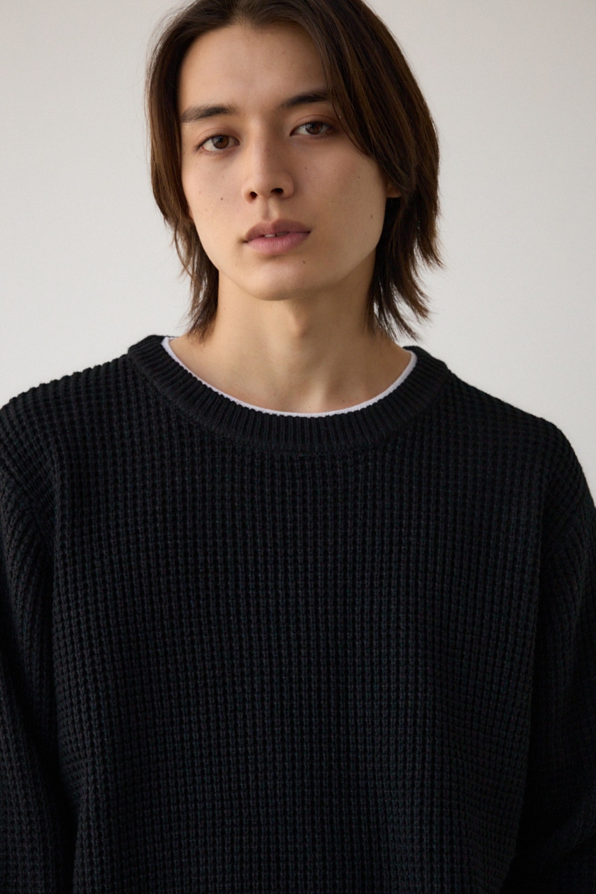 ワッフルレイヤードニット BLK M