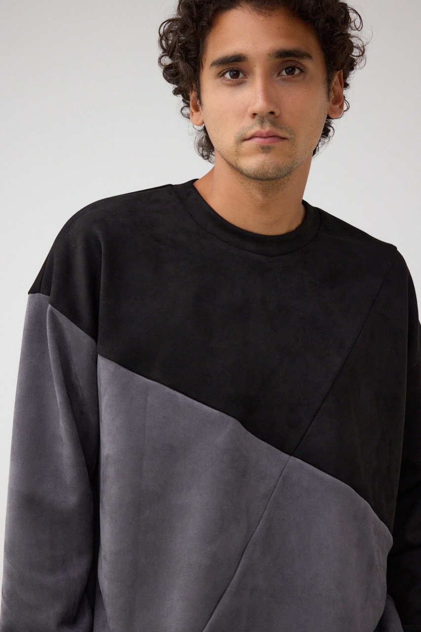 フェイクスウェードパネル切替トップス 柄BLK FREE