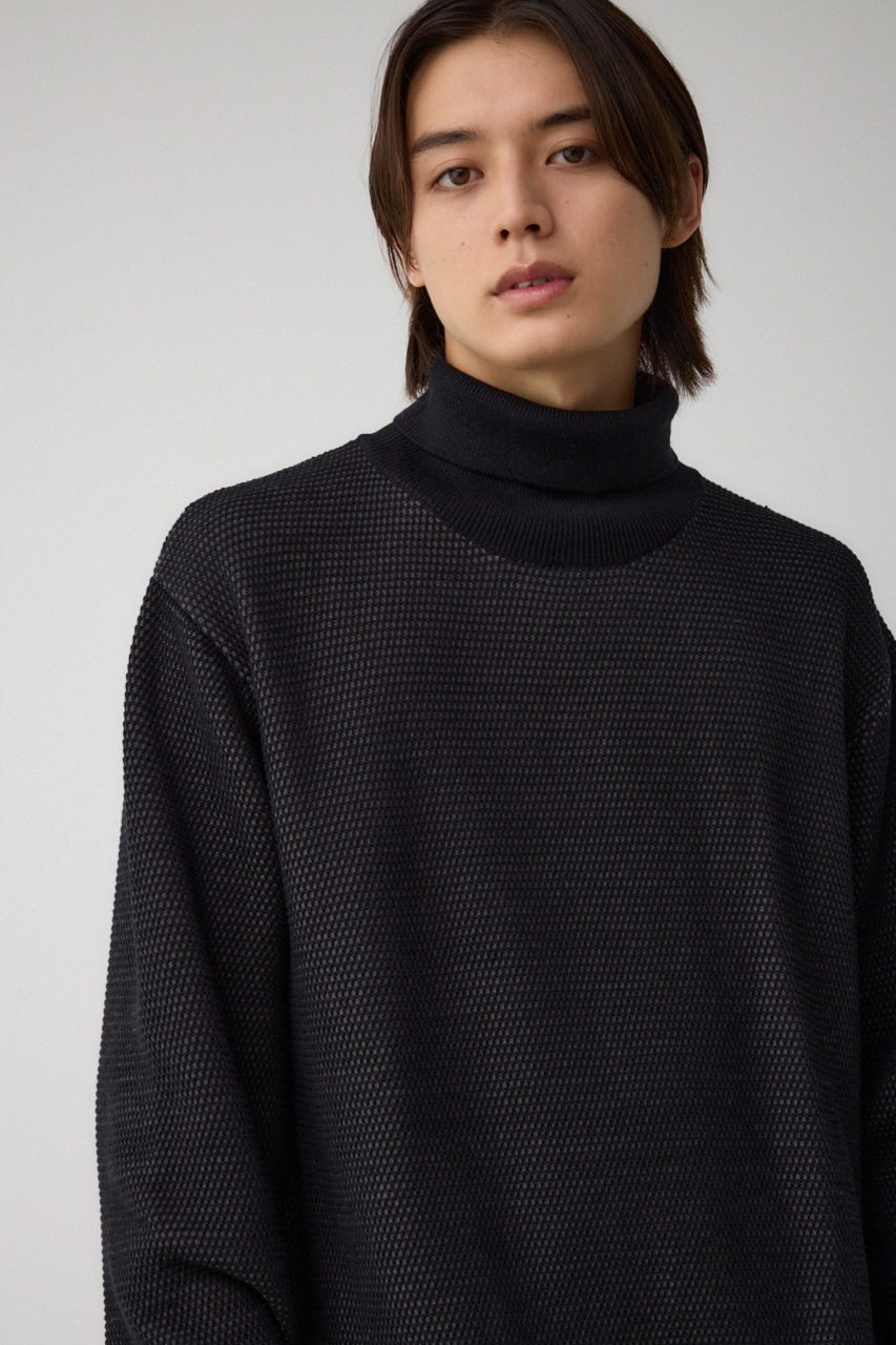 ハニカムタートルネックニット BLK L