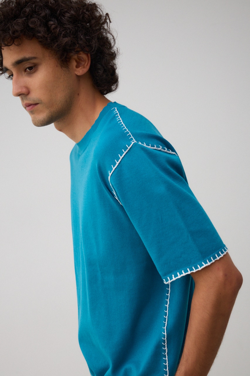 ブランケットステッチ半袖ニット BLU FREE