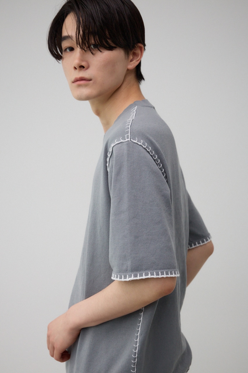 ブランケットステッチ半袖ニット L/GRY FREE