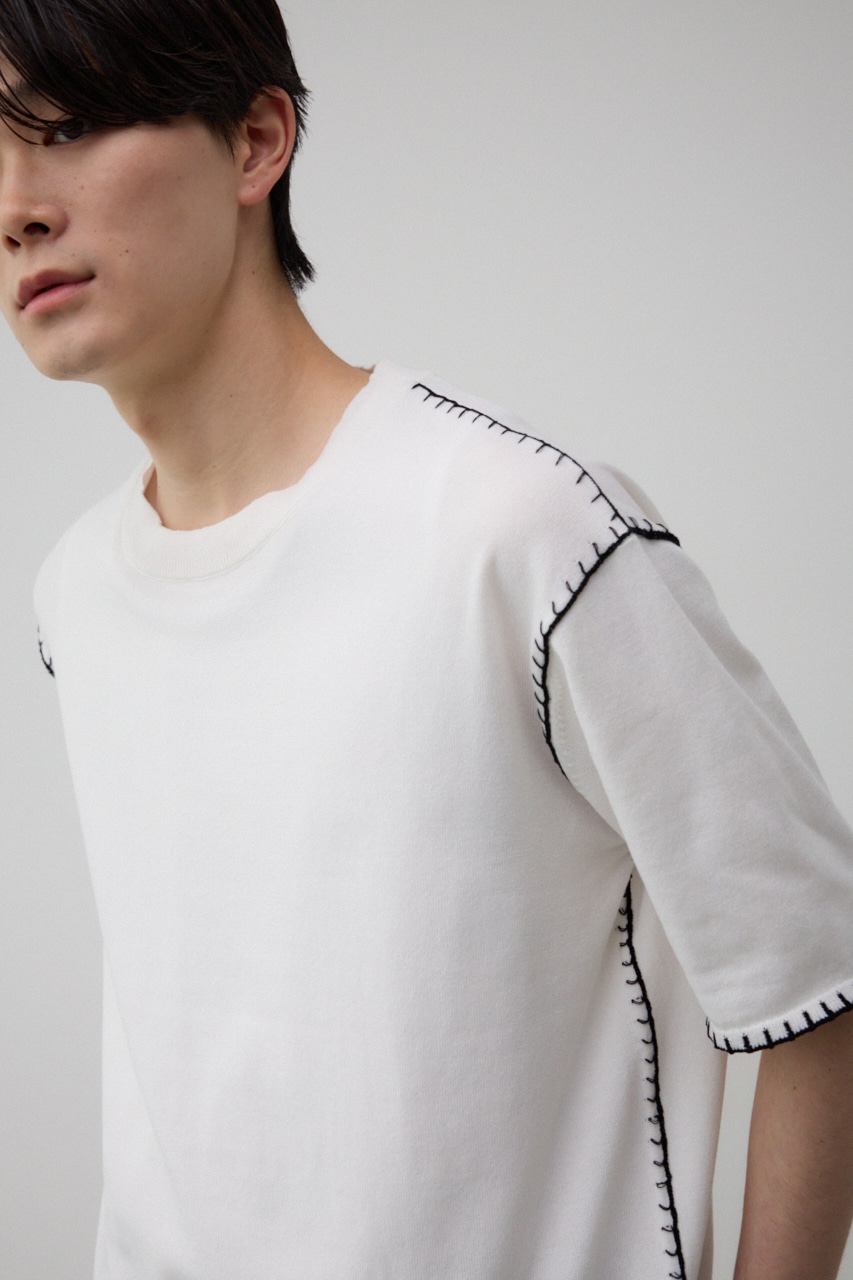 ブランケットステッチ半袖ニット O/WHT FREE