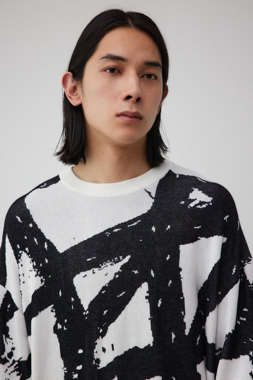 アブストラクトオーバーサイズニット 柄WHT FREE