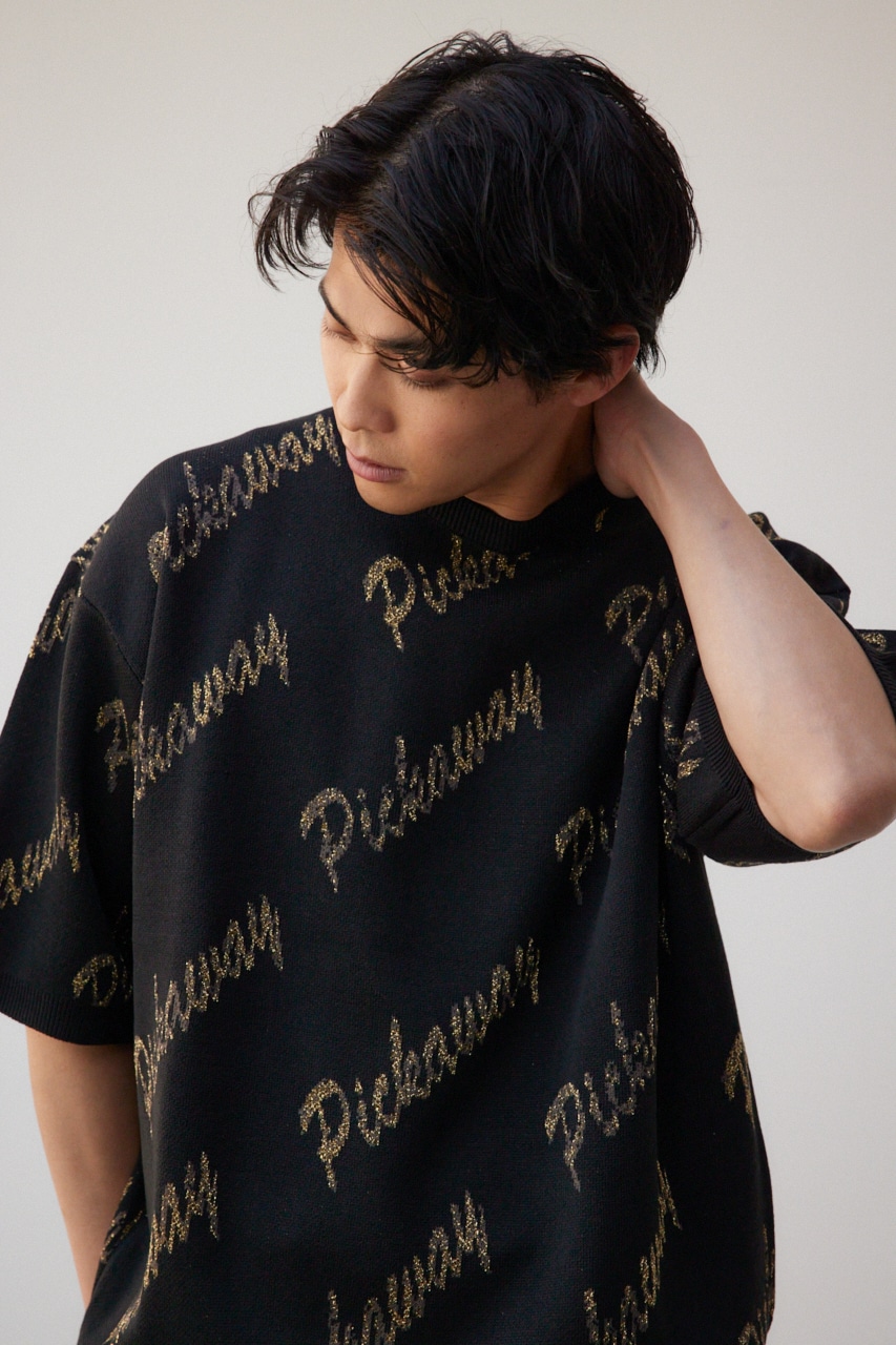 ゴールド総柄半袖ニットトップス 柄BLK FREE