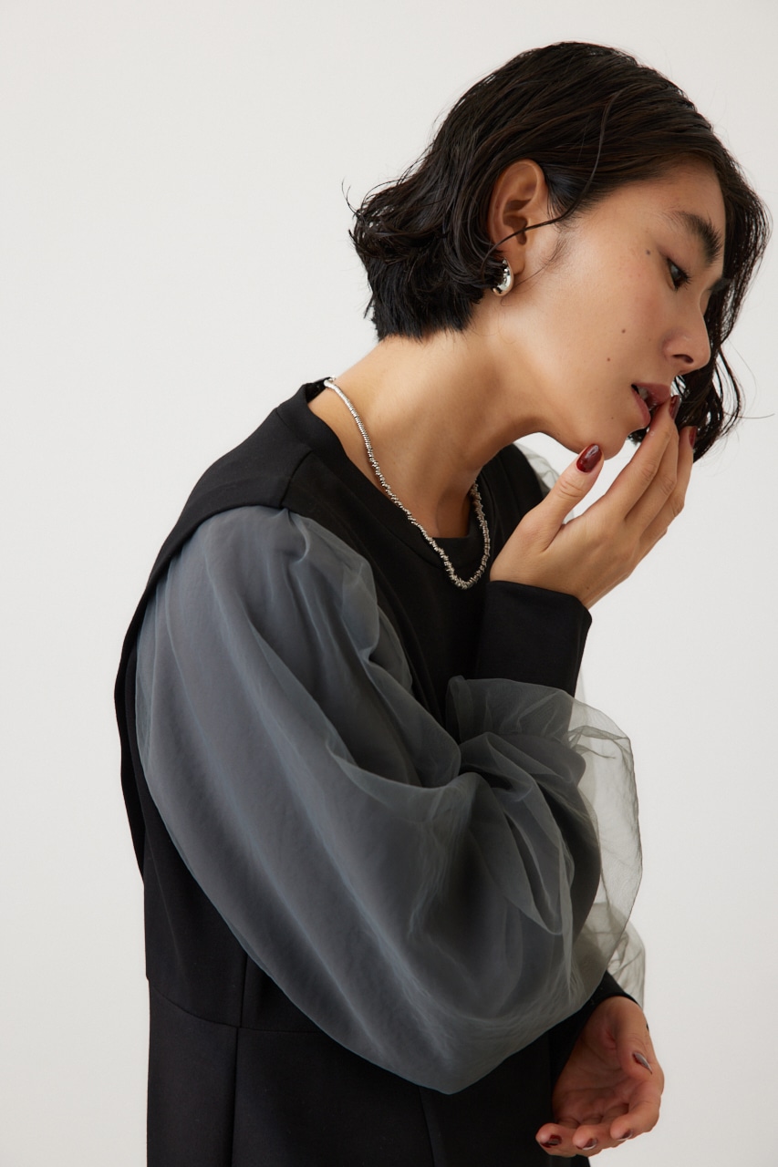 チュールスリーブドッキングワンピース BLK FREE