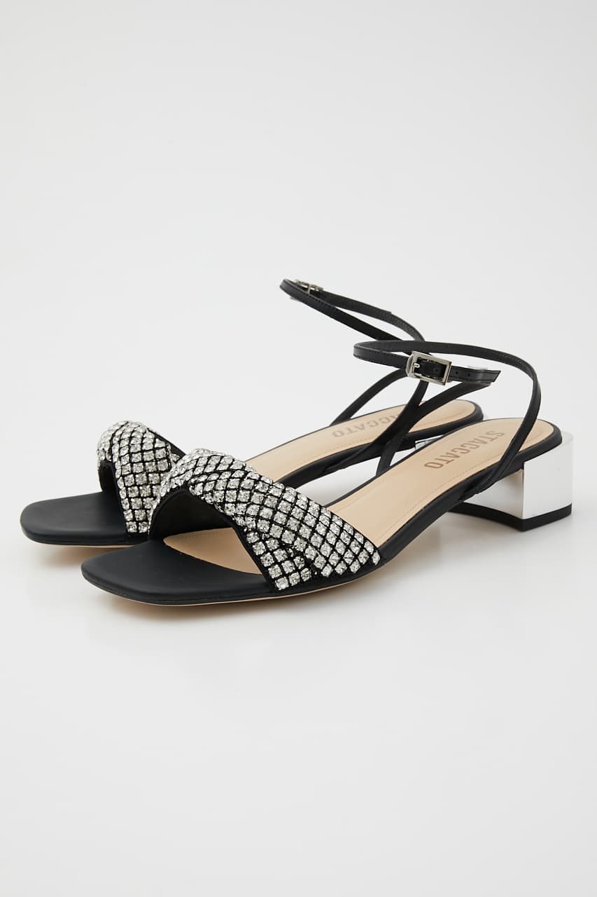 クリスタルシルバーヒールサンダル 柄BLK 22.0cm