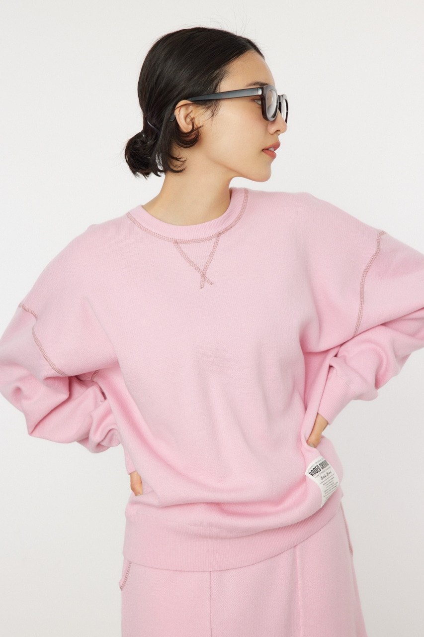 スウェットライクカラーステッチニットトップス L/PNK FREE