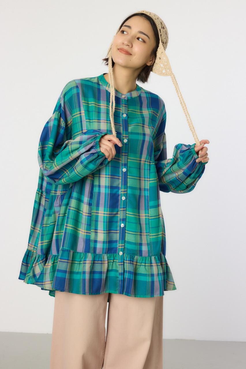 マルチチェックティアードチュニック 柄GRN FREE