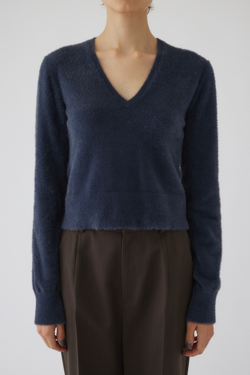 【LIMITED SALE】Shaggy v neck knit tops BLU FREE