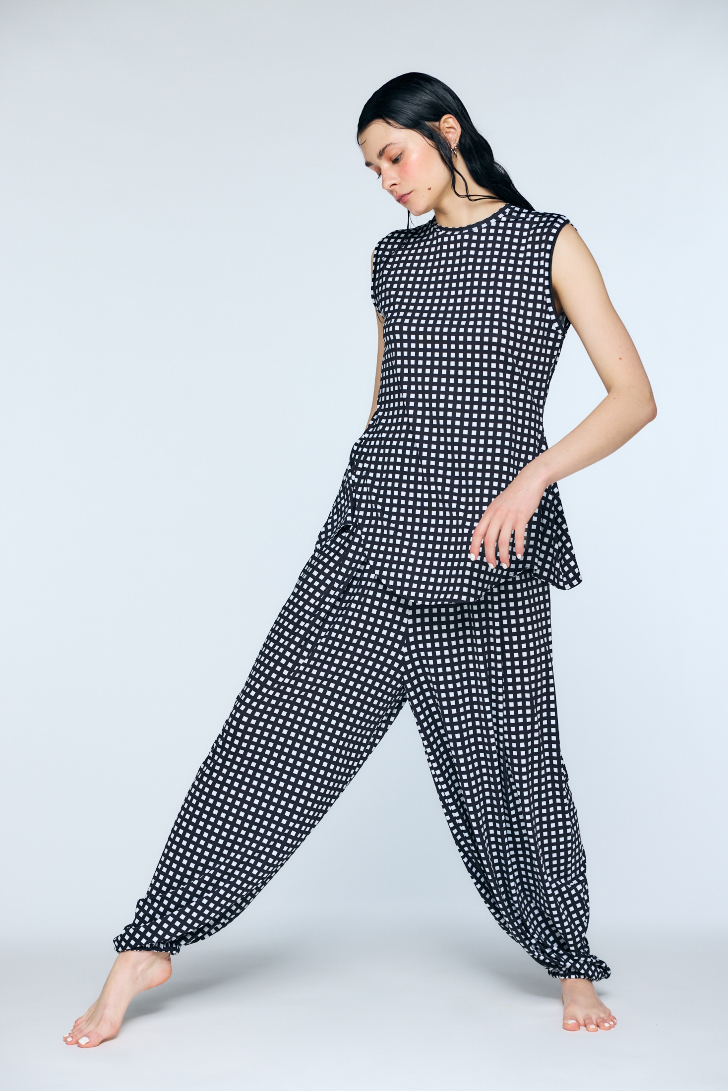 grid check swim 眩しい square balloon pants