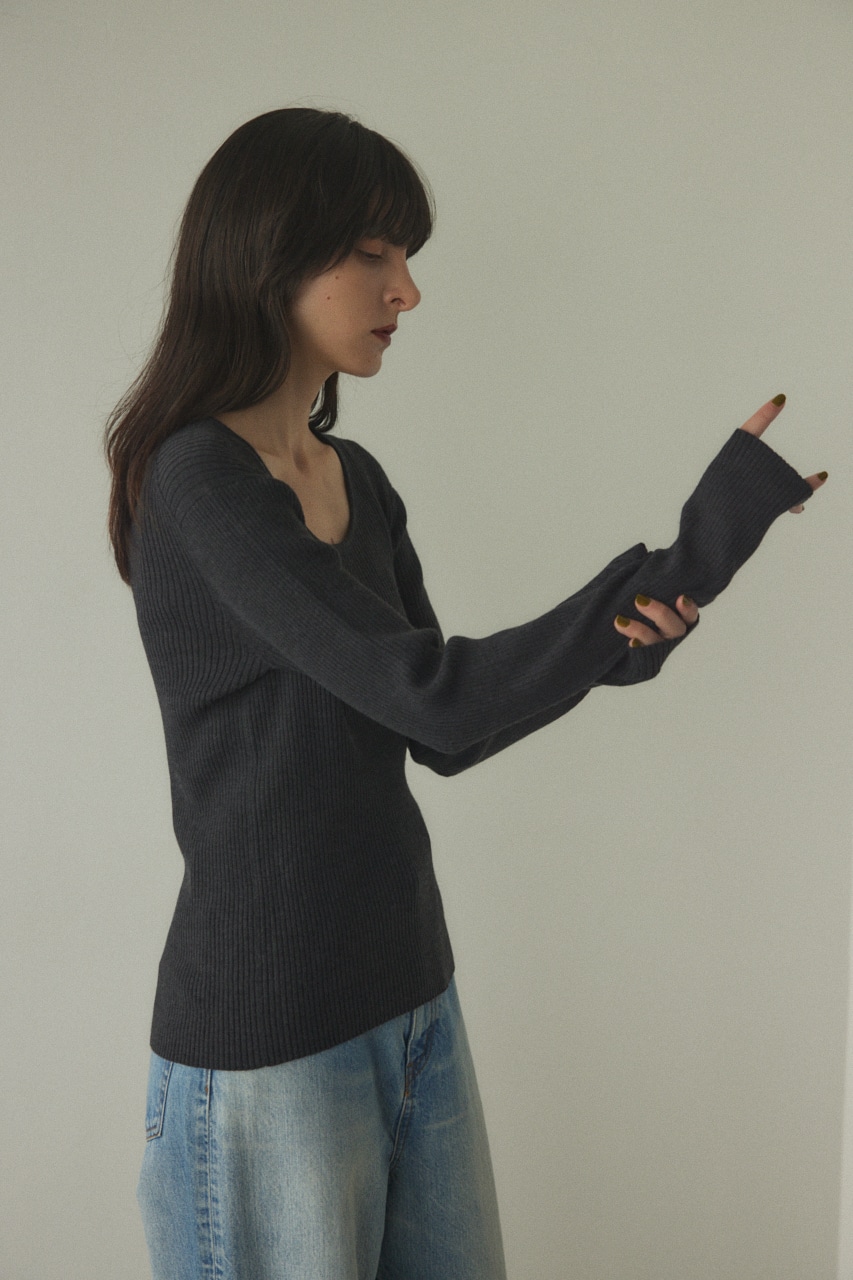 rib round neck wool tops L/BLK FREE