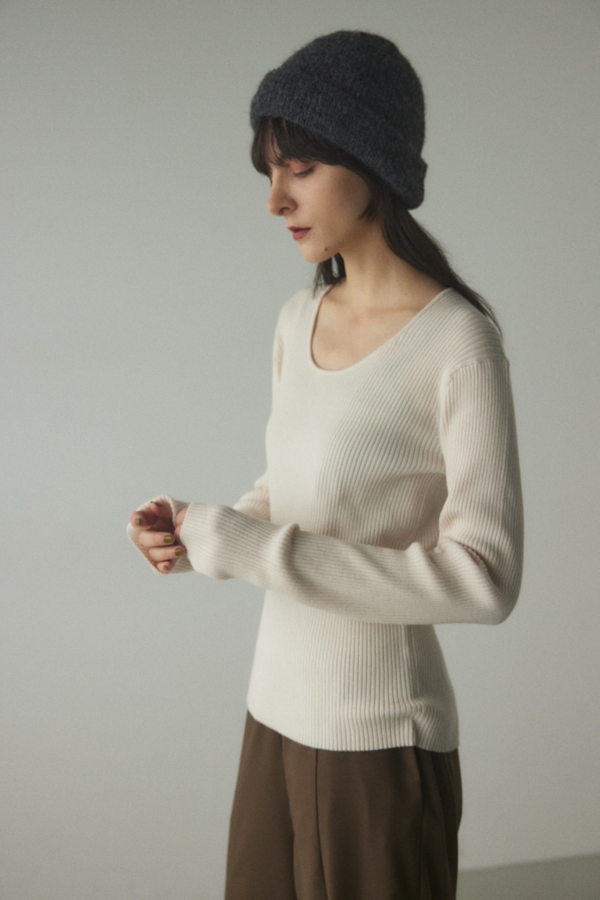 rib round neck wool tops O/WHT FREE