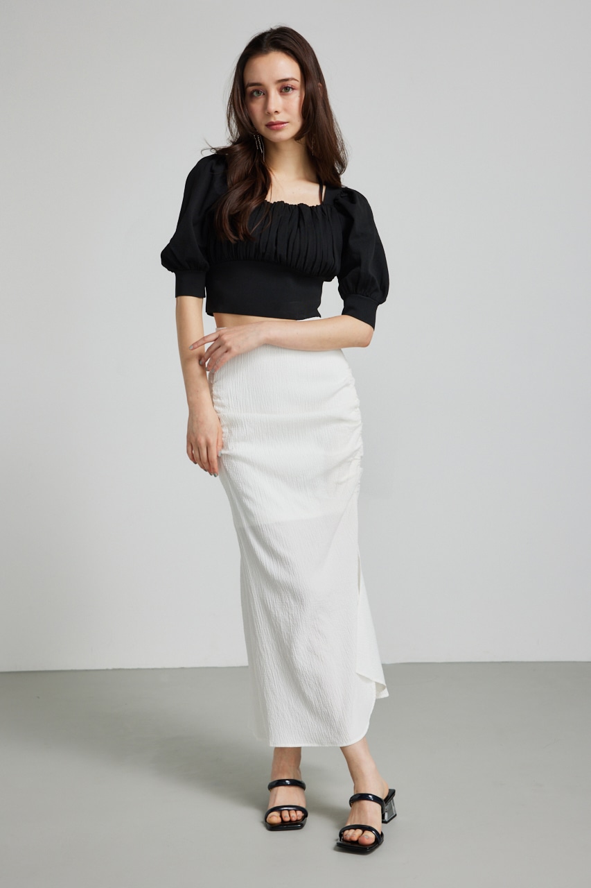 バストギャザークロップハーフSLV Knit TOP BLK FREE