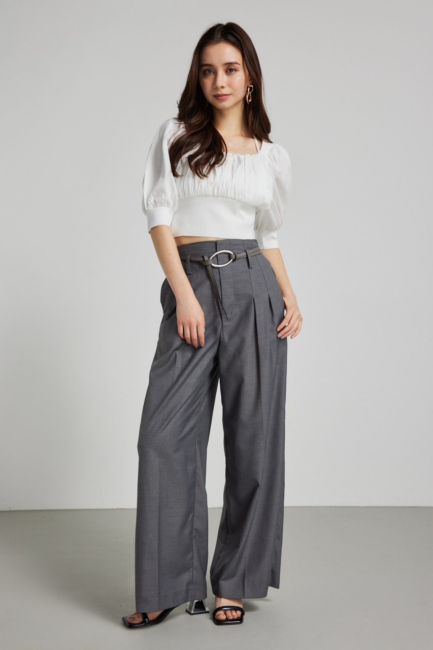 rienda | バストギャザークロップハーフSLV Knit TOP (ニット ) |SHEL