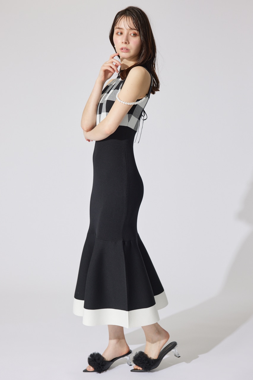 【一部店舗・WEB限定】フェイクパールショルダージャガードニットワンピース BLK FREE