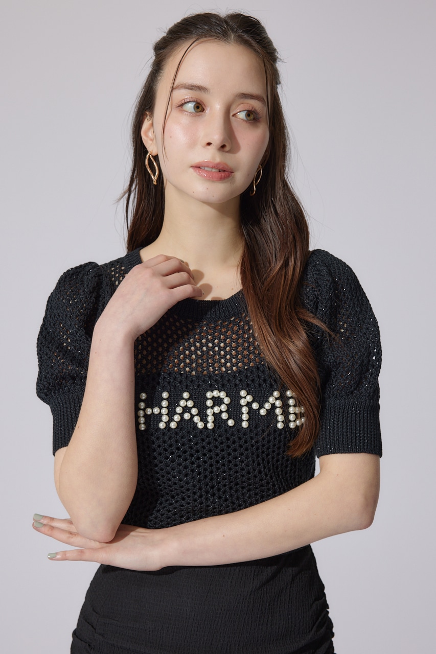 メッシュロゴショートニットトップス BLK FREE