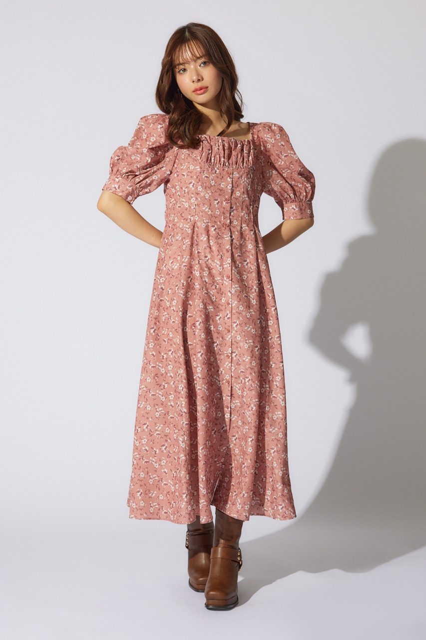 バストギャザーデザインフレアワンピース 柄RED S