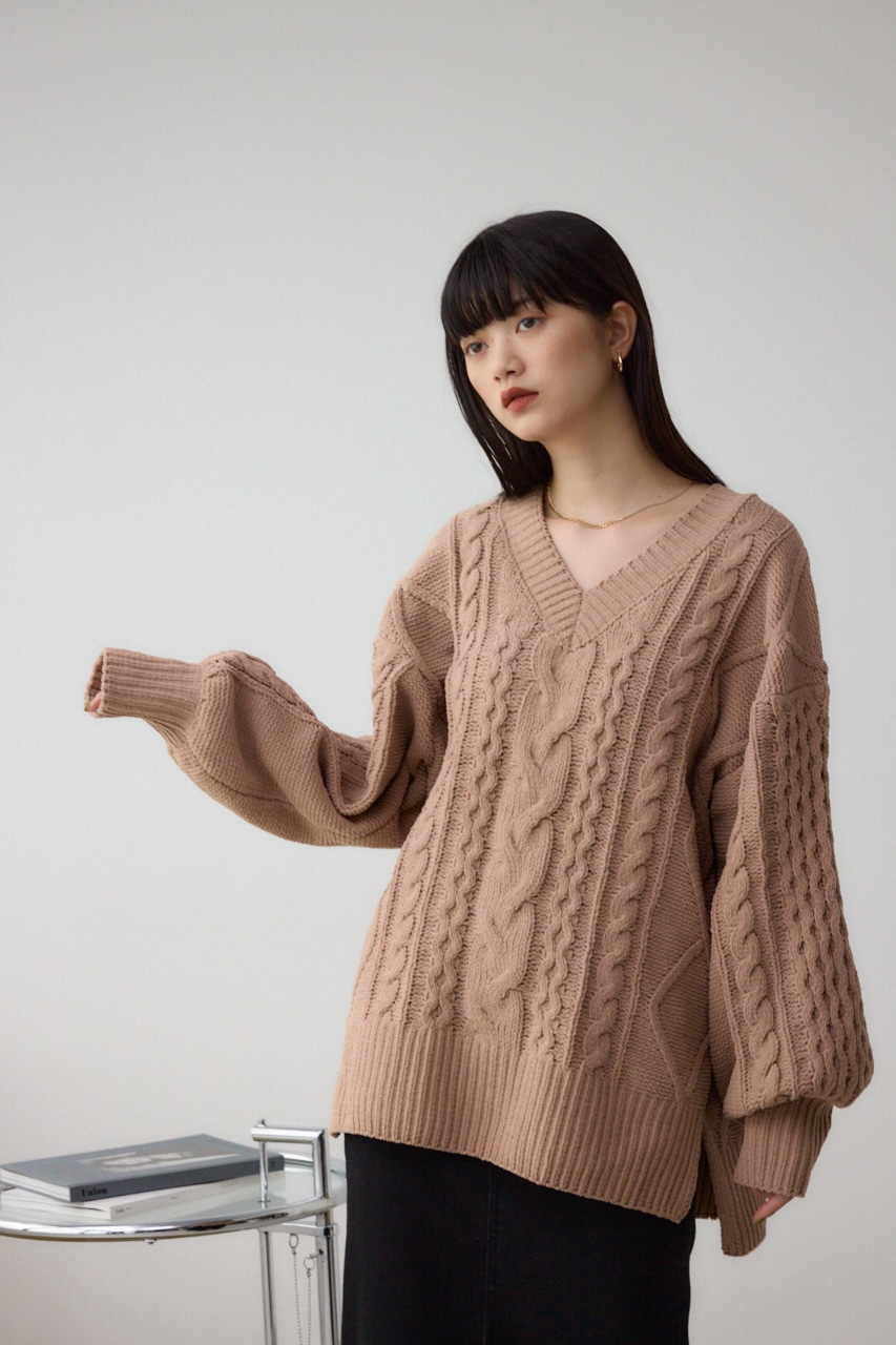 シェニールケーブルVネックロングニットトップス BEG M