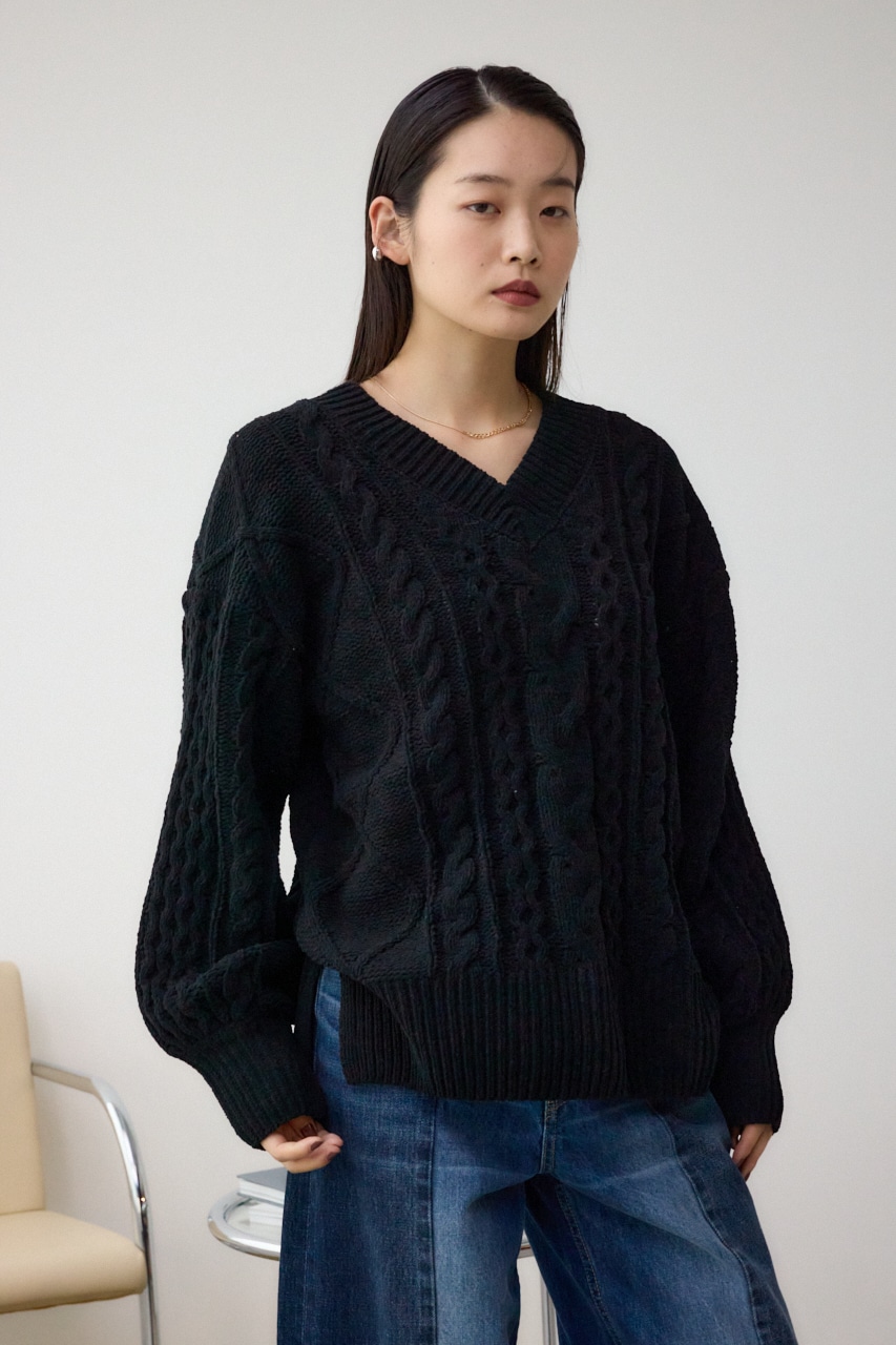 シェニールケーブルVネックロングニットトップス BLK S