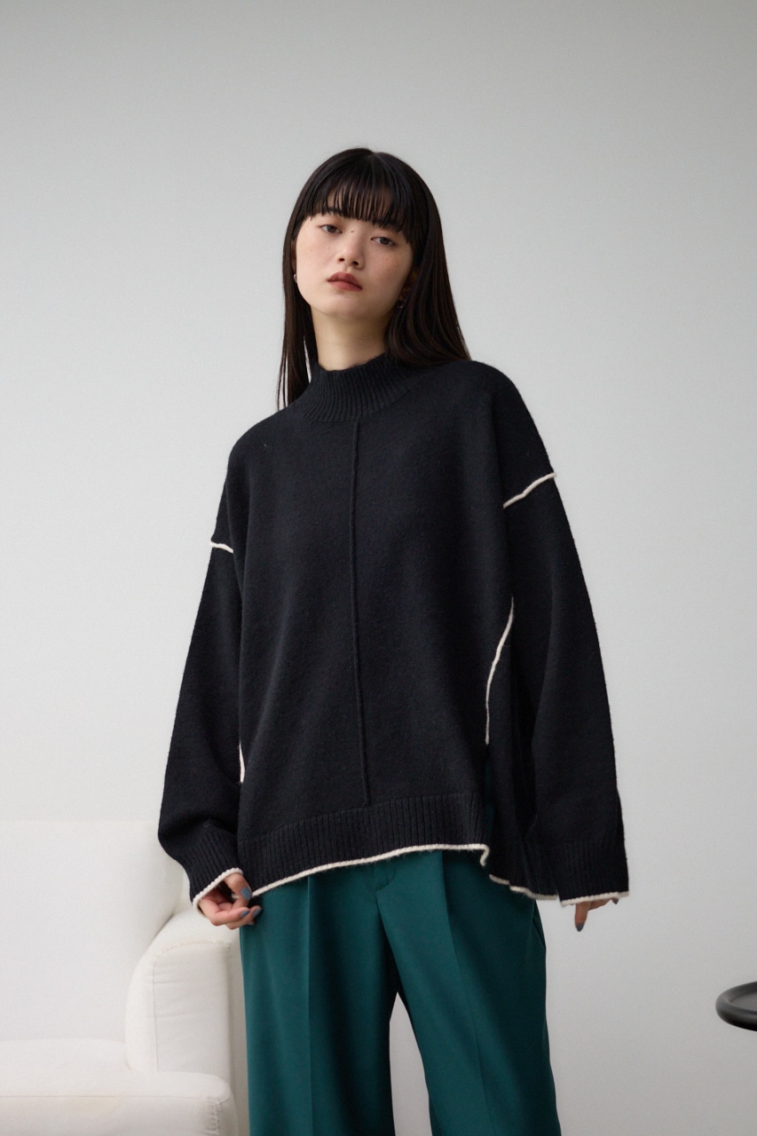 ハイネック配色ニットプルオーバー BLK FREE