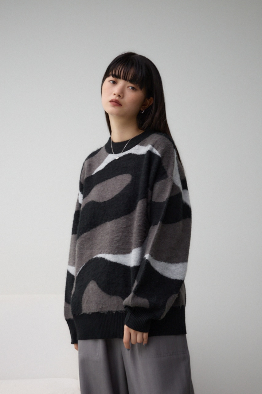 マーブルジャガードニットトップス 柄BLK FREE