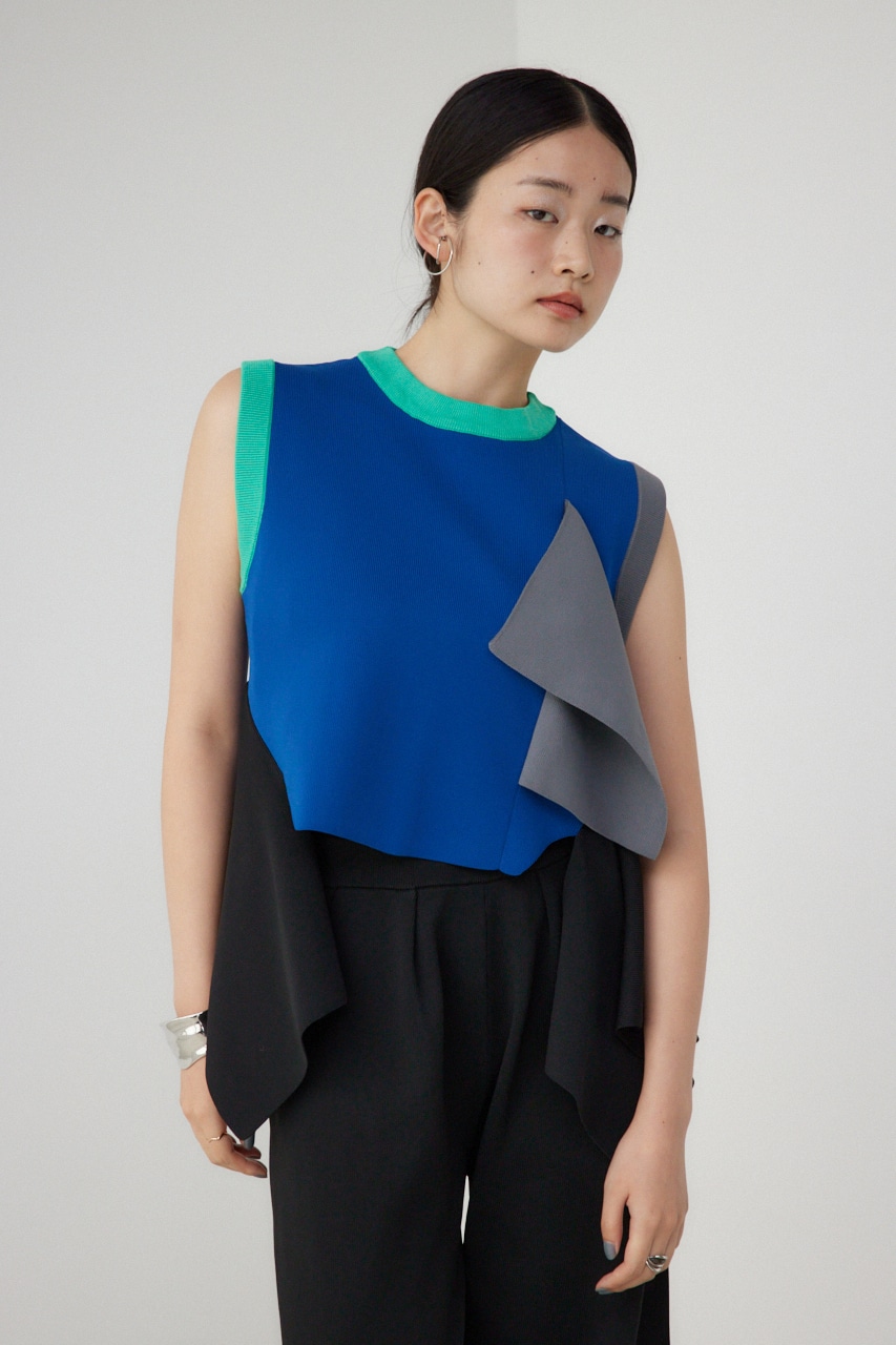 【PLUS】アシンメトリーヘムニットベスト 柄BLU FREE